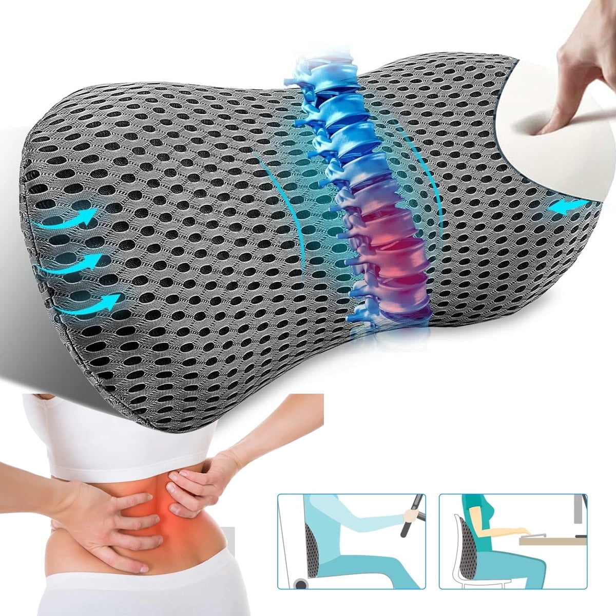 Lumbar Support Pillow,Memory Foam Back Support Pillow, Ergonomic ...