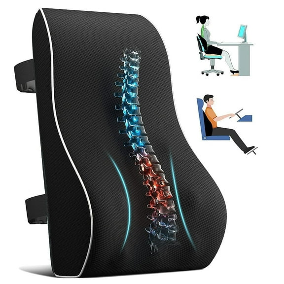 Lumbar Support Pillow for Office Chair & Car - Back Support Pillow Cushion with Adjustable Straps, Mesh Cover, Memory Foam for Pain Relief & Posture Support
