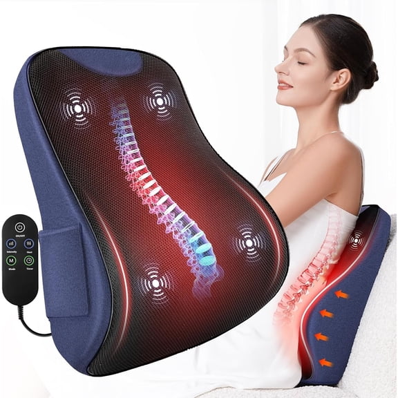 Lumbar Support Pillow for Office Chair, Heated Back Support Pillow with Vibration, Back Massage for Pain Relief, at Home Office Car Sofa, 3 Heating Levels & 4 Motors & 3 Intensities, Gifts