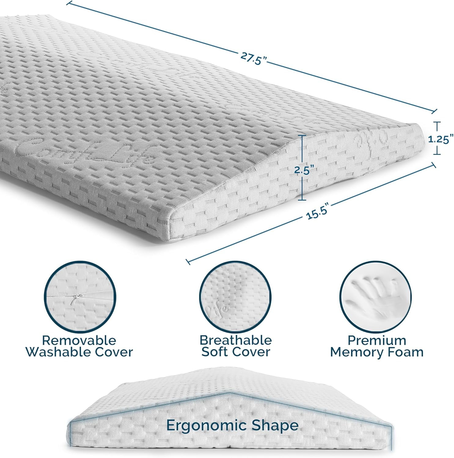 Lumbar Support Pillow for Sleeping Memory Foam Pillow for Back Pain Relief - Side, Back and Stomach Sleepers- Triangle Wedge Pillow - Bed Rest Pillow - Medium-Soft (White, Standard)