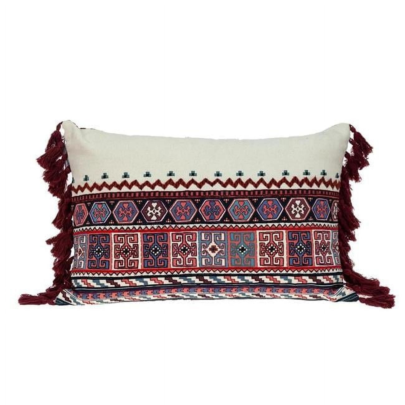 Ethnic Multicolor Cotton Embroidered Lumbar Pillow with Tassels