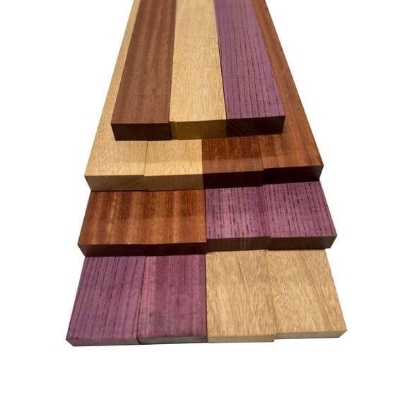 Lumber Board Combo 3/4" x 2" (15 Piece) - Purple Heart, African Mahogany, Bloodwood | 3/4" Boards