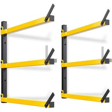 Lumber Storage Rack Folding Wood Storage Racks Wall-Mounted Metal Racks for Storage with 3-Level Heavy Duty Garage Wood Organizer for Woodworking Shop Indoor & Outdoor Use, 4 pairs,Yellow