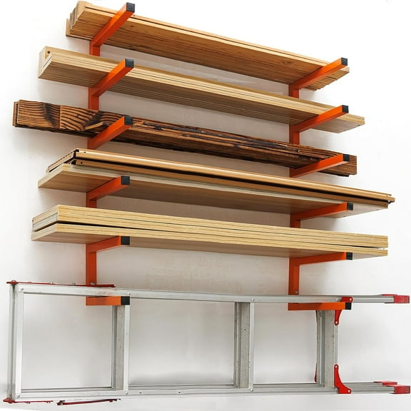 Lumber Storage Rack Wall Mounted, 6-Level Holds Up 1200 Lbs Heavy Duty Wood Organizer, Metal Shelf for Shed, Workshop, Garage - 4pack, Orange
