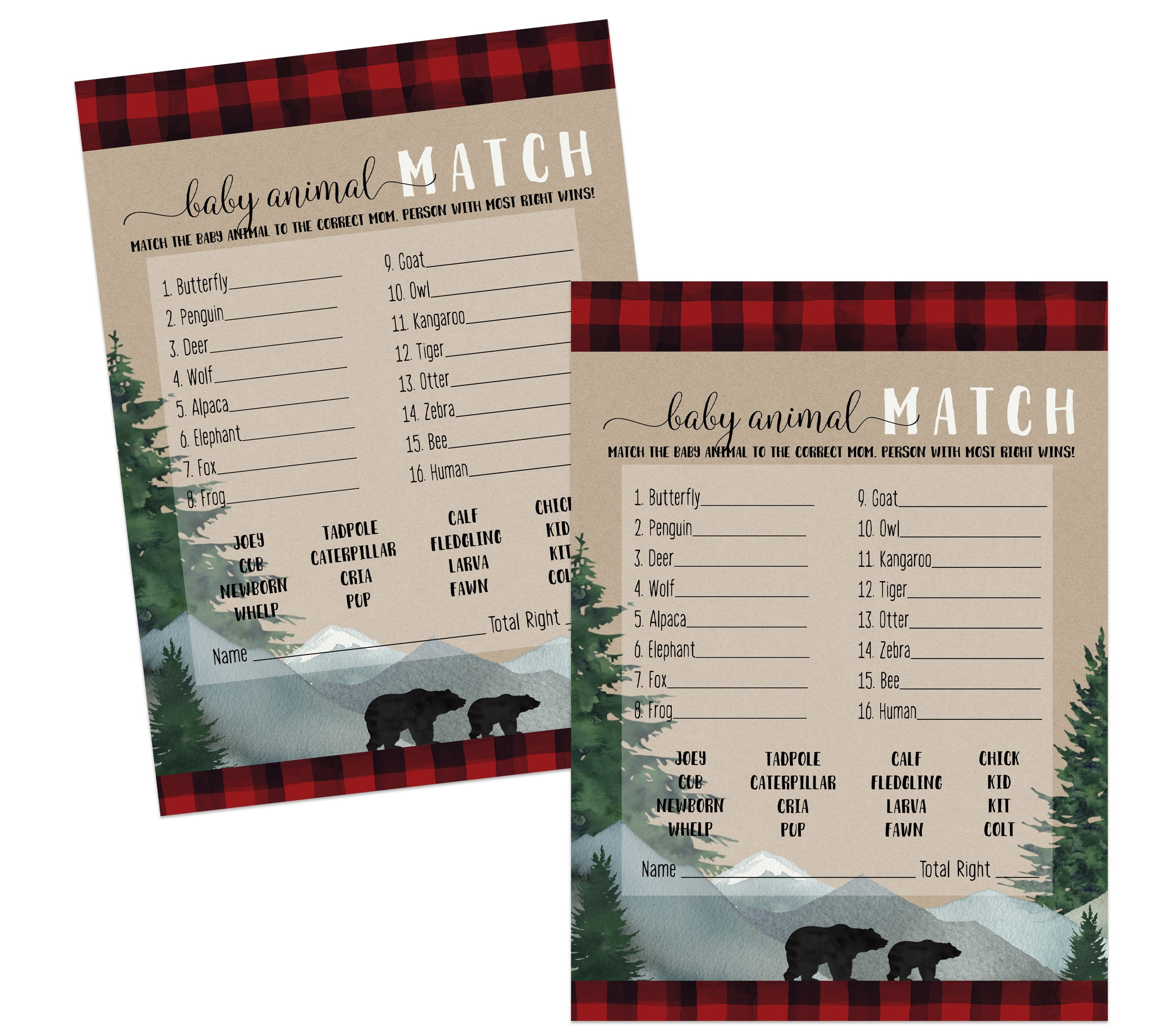 Lumberjack Animal Matching Game Boys Baby Shower 25 Pack Guessing Activity Cards for Kids Groups Adults - Rustic Bear Theme Supply Red and Black - Paper Clever Party