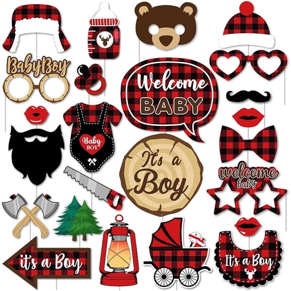 Lumberjack Baby Shower Decorations for Boy, Buffalo Plaid Baby Shower Decorations - 24 Set Lumberjack Photo Booth Props for Hunting Camping Bear Adventure Woodland Its a Boy Baby Shower Party