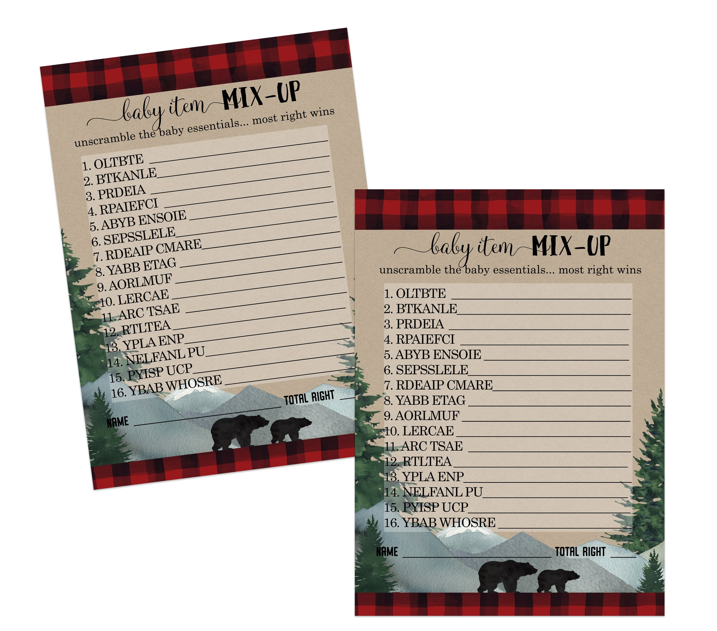 Lumberjack Baby Shower Game Word Scramble 25 Pack Unscramble Activity Cards Rustic Little Bear Design Red and Black Theme Printed 5 x 7 Size Set Paper Clever Party