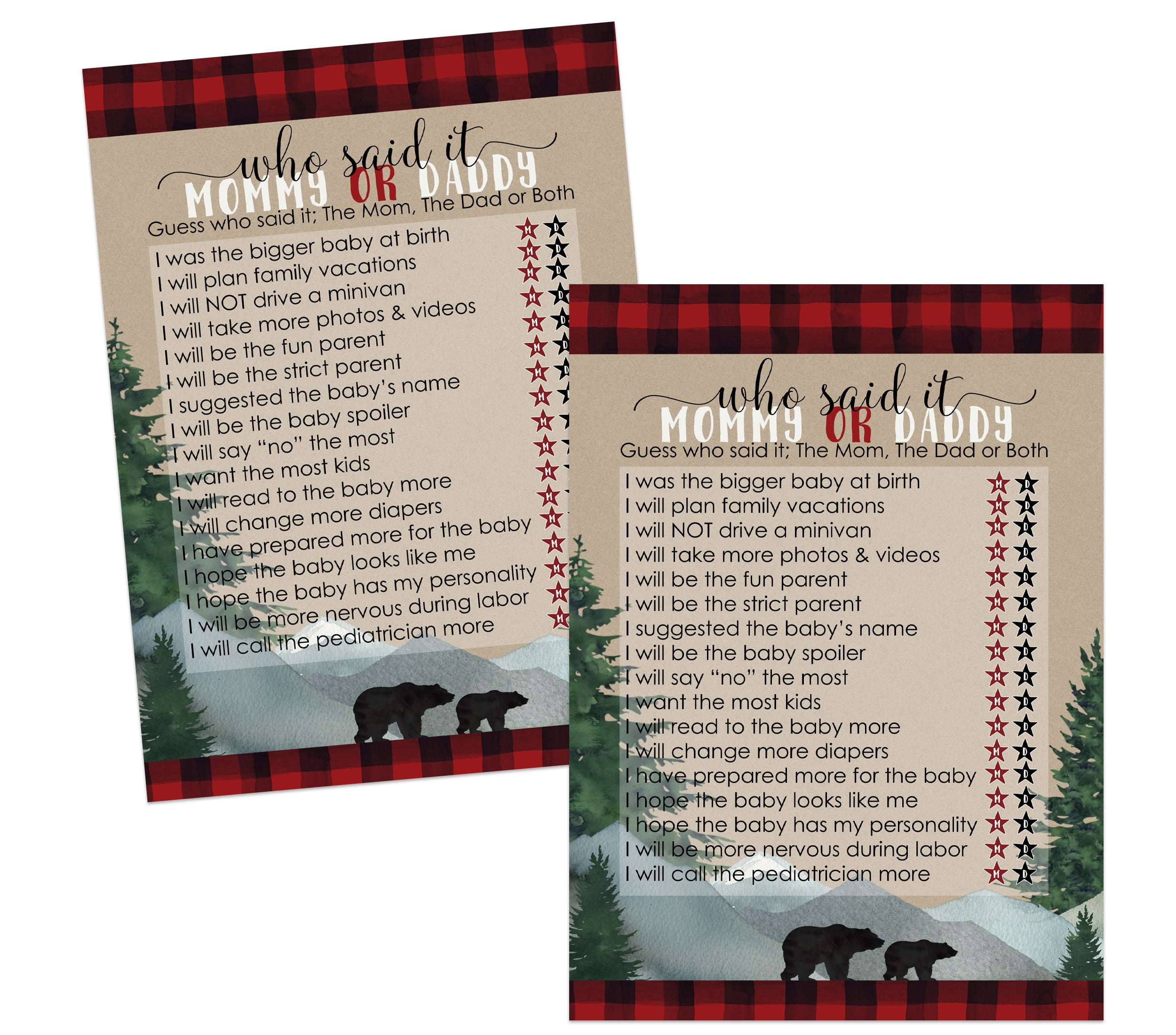 Lumberjack Baby Shower Mommy or Daddy Game 25 Pack Guess Which Parent Activity for Guests - Rustic Little Bear Red Black - 5x7 Size Set Printed - Paper Clever Party