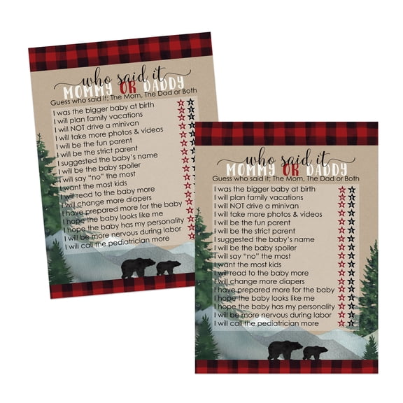 Lumberjack Baby Shower Mommy or Daddy Game 25 Pack Guess Which Parent Activity for Guests - Rustic Little Bear Red Black - 5x7 Size Set Printed - Paper Clever Party