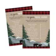 Lumberjack Baby Shower Price Guessing Game Cards 25 Pack Boys Baby Shower Games - Red and Black Plaid - Bear Party Supplies   4x6 Size Set - Paper Clever Party