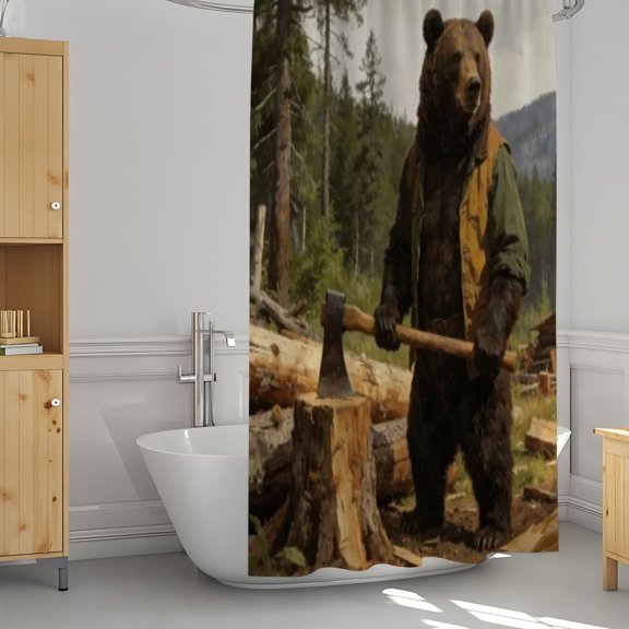 Lumberjack Bear Shower Curtain, Rustic Forest Logging Theme, Polyester Fabric, Funny Animal Bath Curtain with Hooks for Bathroom Decor