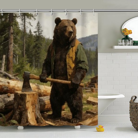 Lumberjack Bear Shower Curtain, Rustic Forest Logging Theme, Polyester Fabric, Funny Animal Bath Curtain with Hooks for Bathroom Decor