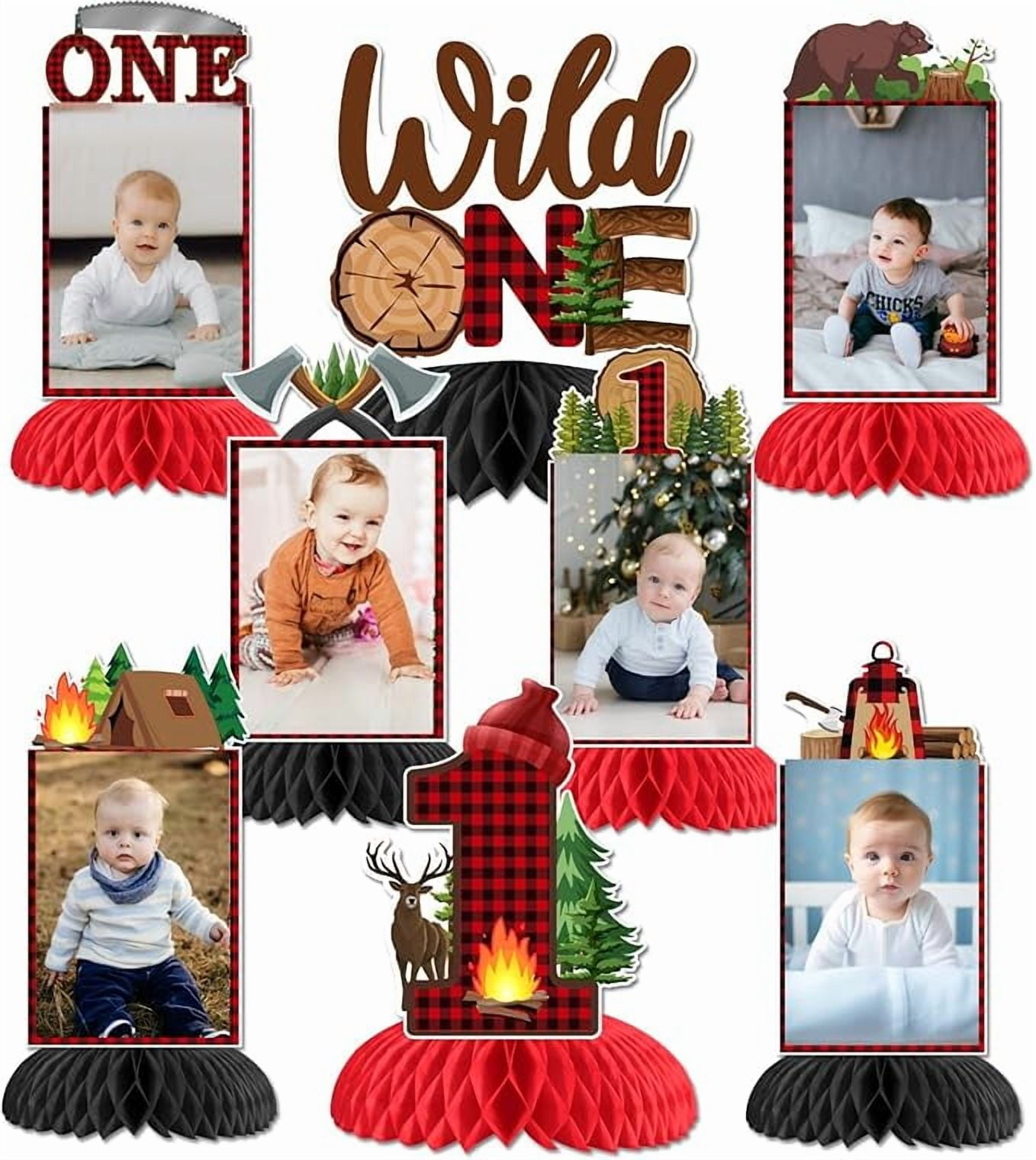 Lumberjack First Birthday Party Decorations, 8pcs Lumberjack Wild One Photo Honeycomb Centerpiece Buffalo Plaid Deer Table Topper for Boy First 1 Year Old Wild One Birthday Decoration