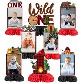 Lumberjack First Birthday Party Decorations, 8pcs Lumberjack Wild One Photo Honeycomb Centerpiece Buffalo Plaid Deer Table Topper for Boy First 1 Year Old Wild One Birthday Decoration