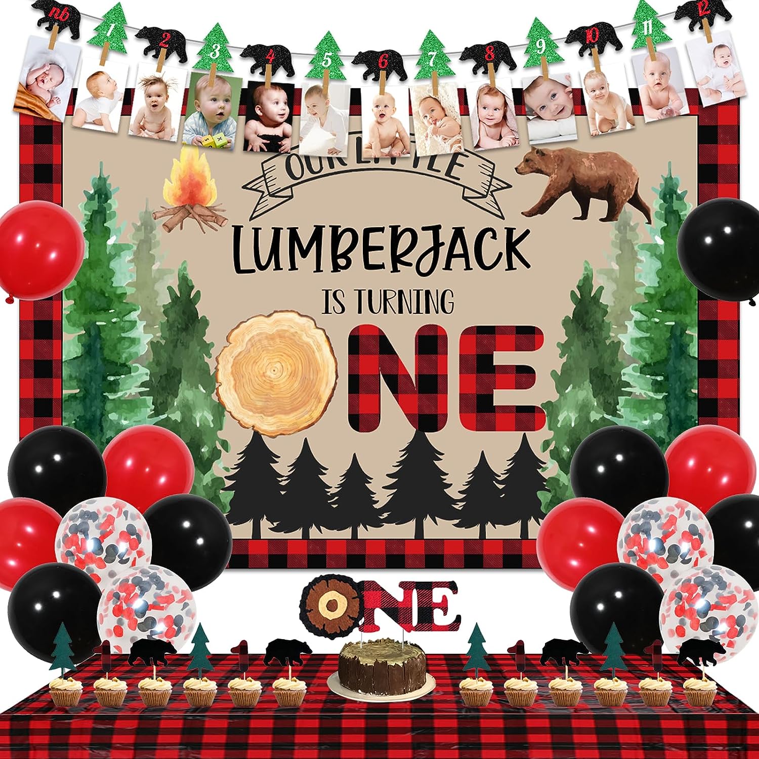 Lumberjack 1st Birthday Party Decorations Kit - Balloon Garland & Backdrop For Boys, Buffalo Plaid Theme