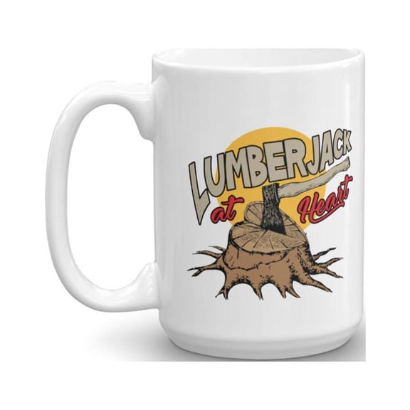 Lumberjack At Heart With Axe & Tree Stump Graphic Art Coffee & Tea Gift Mug, Birthday Party Gifts, Supplies, Favors, Room Decorations, Accessories, Kitchen Items & Ornament For Men Lumberjacks (15oz)