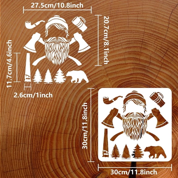 Lumberjack Painting Stencil 11.8x11.8 inch Forest Theme Stencil Plastic Bear Pine Tree Lumberjack Saw Axe Patterns Stencil Drawing Template Reusable DIY Art and Craft Stencil for Decor