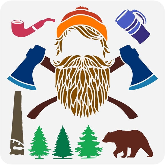 Lumberjack Painting Stencil 11.8x11.8 inch Forest Theme Stencil Plastic Bear Pine Tree Lumberjack Saw Patterns Stencil Drawing Template Reusable DIY Art and Craft Stencil for Decor Colorful