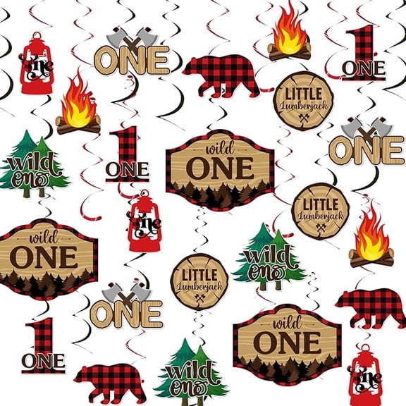 Lumberjack Party Hanging Swirls Decoration - 24PCS Buffalo Plaid Boys 1st Birthday Photo Props for Boy 1st Birthday Camping Party Decoration Camping Party Hanging Swirls