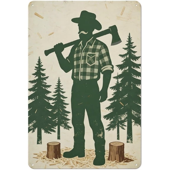 Lumberjack Vintage Metal Tin Sign, Axe Forest Tree Stump Wall Decor Plaque, Rustic Cabin Lodge Home, 8 x 12 Inch