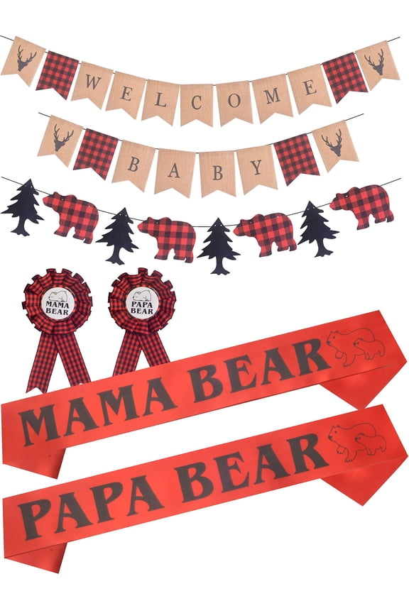 Lumberjack Welcome Baby Shower Decoration, Buffalo Plaid Baby Shower, Timber Plaid Baby Shower, Mama Papa Bear Sashes and Elegant Badges Pin for Baby Shower Decor, Lumberjack Gender Reveal Banner