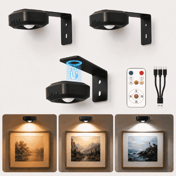 Mini Picture Lights for Wall, Rechargeable Wireless Frame Lights with Remote, 3 Color Temperatures, 5-Level Dimmable, Timer, Magnetic Art Lights for Paintings, Photos & Small Frames, 3 Pack