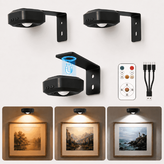 Mini Picture Lights for Wall, Rechargeable Wireless Frame Lights with Remote, 3 Color Temperatures, 5-Level Dimmable, Timer, Magnetic Art Lights for Paintings, Photos & Small Frames, 3 Pack