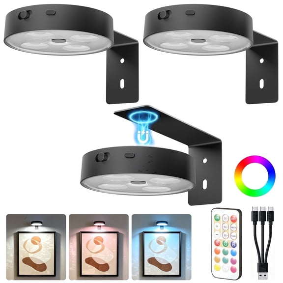 Rechargeable Picture Lights for Wall, 12 RGB Colors & Dimmable Frame Lights, Wireless Magnetic Poster Light with Timer & Remote Control, for Art Display, Photos, Wall Decor, 3 Pack