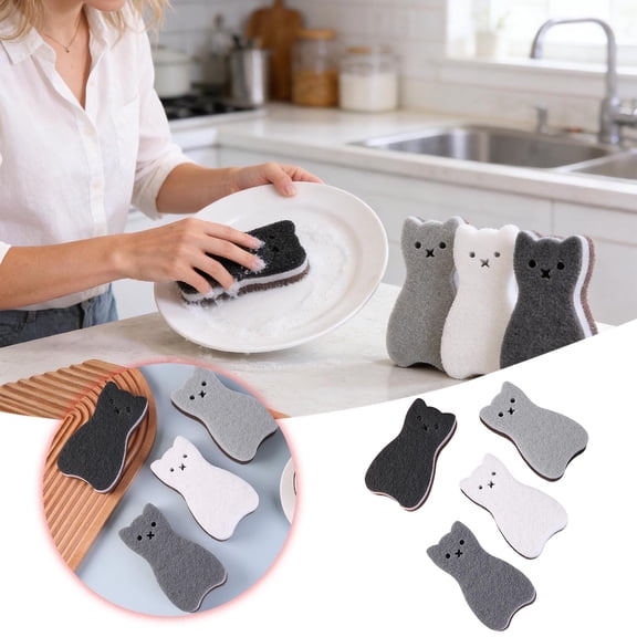 Lume Wear Cat Shape Cleaning Sponges Pack of 4 a Dual Sided Scrub Sponge for Kitchen Disdishes and Bathroom. A Non Scratch Heavy Duty Scouring Pad for Pots Pans and Household Surfaces