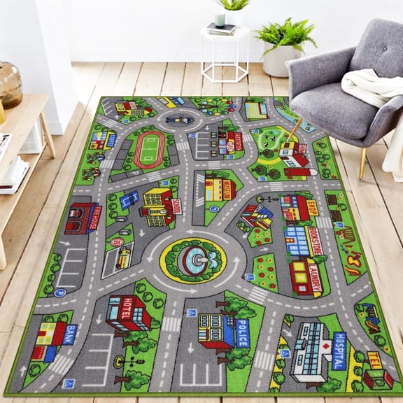 Lume Wear Childrens Traffic Route Carpet an Interesting Educational Rug for Living Room and Childrens Room. Soft Side with City Game Pattern for Learning and Play