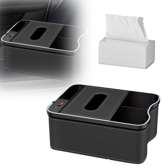 Lume Wear Multifunctional Car Storage with Ambient Light A 6 In 1 Organizer with Fast Charging Station And Tissue Holder. A Universal Seat Gap Filler with Atmosphere Light for Phone And Cup