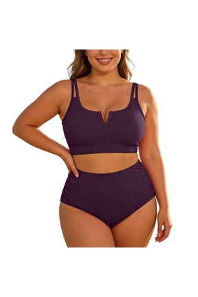 Women Plus Size High Waisted Bikini Ribbed Two Piece Swimsuit Tummy Control Bathing Suit V-neck 2026 Swimwear XXXL&Wine