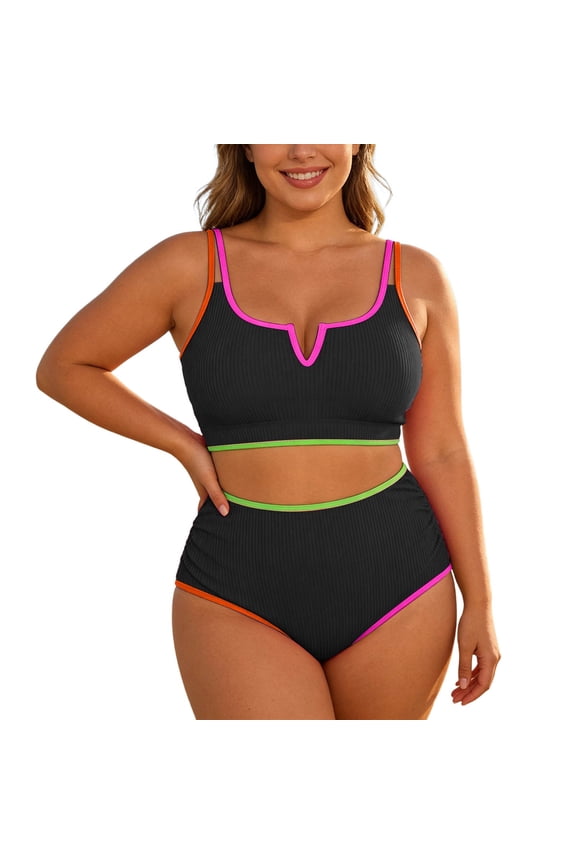 Women Plus Size High Waisted Bikini Ribbed Two Piece Swimsuit Tummy Control Bathing Suit V-neck 2026 Swimwear XXXXL&Black#02