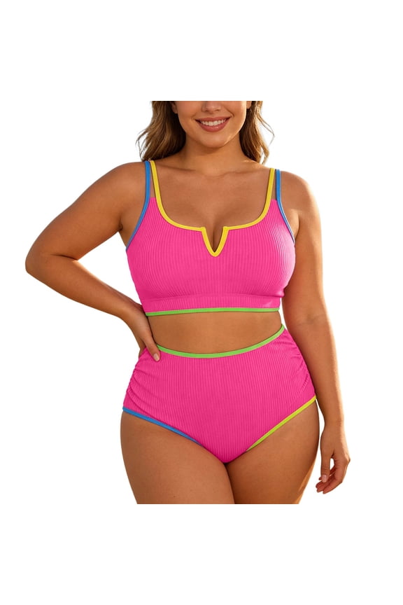 Women Plus Size High Waisted Bikini Ribbed Two Piece Swimsuit Tummy Control Bathing Suit V-neck 2026 Swimwear XXXXL&Hot Pink#02