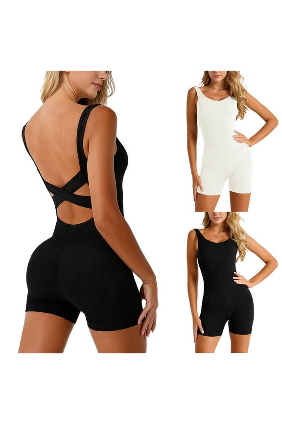 Women'S Yoga Shapewear Tummy Control Shaping Seamless Full Body Bodysuits Racerback Training Fitness Padded Tank Top Set S&Black