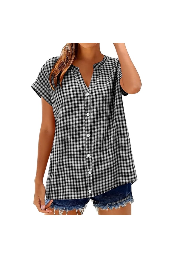 Womens Striped Tunic Tops Button Front Shirts Split V Neck Short Sleeve Blouses Loose Fit Business Casual XXL&Grey#02