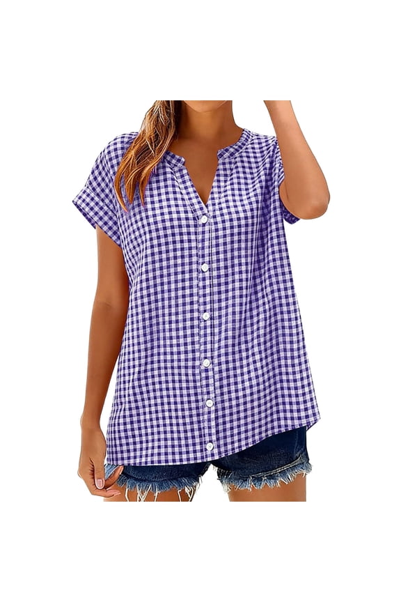 Womens Striped Tunic Tops Button Front Shirts Split V Neck Short Sleeve Blouses Loose Fit Business Casual XXL&Light Purple#02