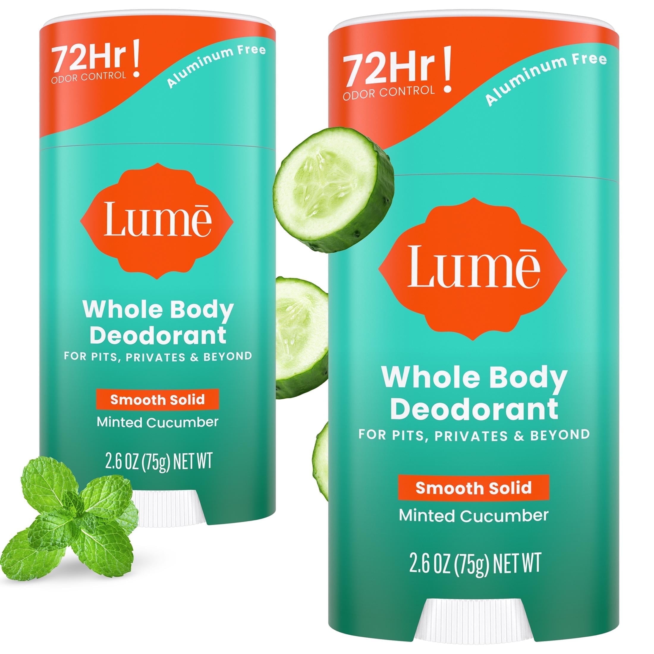 Lume Whole Body Deodorant Solid Stick - 72 Hour Odor Control - Aluminum Free, Baking Soda Free and Skin Safe - Minted Cucumber, 2.6oz (2 Pack)