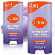 Lume Whole Body Deodorant Solid Stick - 72 Hour Odor Control - Aluminum Free, Baking Soda Free and Skin Safe - Soft Powder, 2.6oz 2 Pack