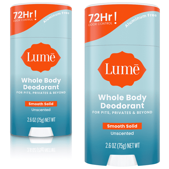 Lume Whole Body Deodorant Solid Stick - 72 Hour Odor Control - Aluminum Free, Baking Soda Free and Skin Safe - Unscented, 2.6oz (2 Pack)