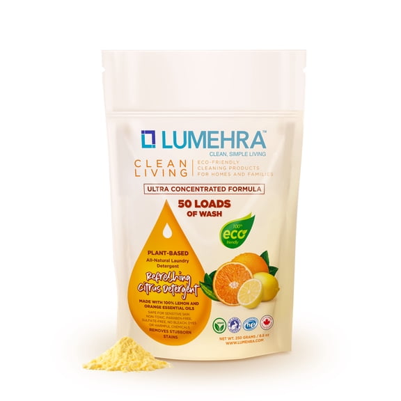 Lumehra's Laundry Detergent, Powder Biodegradable Safe for sensitive skin, Kids, Baby non toxic laundry detergent  Scent Citrus Essential Oils 250 Grams 50 Loads Ultra Concentrated