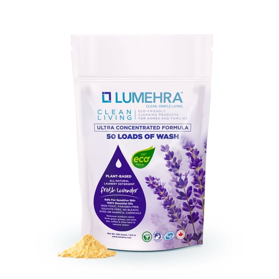 Lumehra's Laundry Detergent, Powder Biodegradable Safe for sensitive skin, Kids, Baby non toxic laundry detergent Scent Lavender Essential Oils 250 Grams 50 Loads Ultra Concentrated