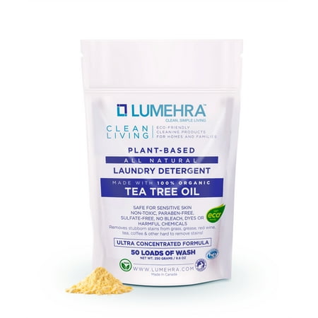 Lumehra's Laundry Detergent, Powder Biodegradable Safe for sensitive skin, Kids, Baby non toxic laundry detergent Scent Tea Tree and Lemon Essential Oils 250 Grams 50 Loads Ultra Concentrated