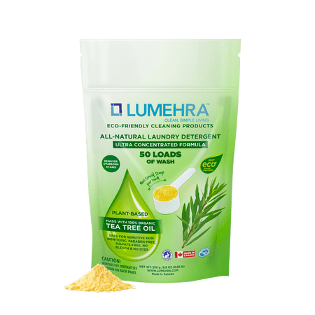 Lumehra's Laundry Detergent, Powder Biodegradable Safe for sensitive skin, Kids, Baby non toxic laundry detergent Scent Tea Tree and Lemon Essential Oils 500 Grams 100 Loads Ultra Concentrated