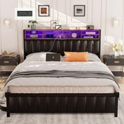 Lumelay Queen Bed Frame with Bookcase Headboard, Upholstered Platform Bed Frame with Charging Station and LED Lights, Type-C & USB Ports, Sturdy and Noise Free, Easy to Install No Box Spring Needed