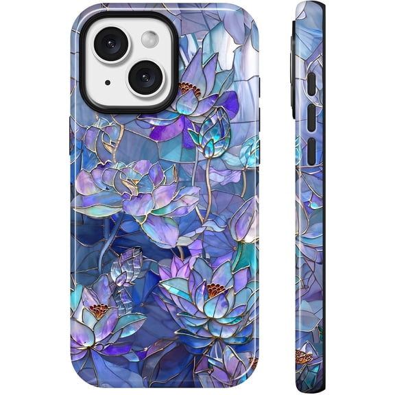 Lumen for iPhone 15 Case, Compatible with Magsafe, Hard Shell Cover with Camera Protection for Women Girls - Blue Lotus Stained Glass Indigo Gold Immersive Mystical Water Lily Gift Zen