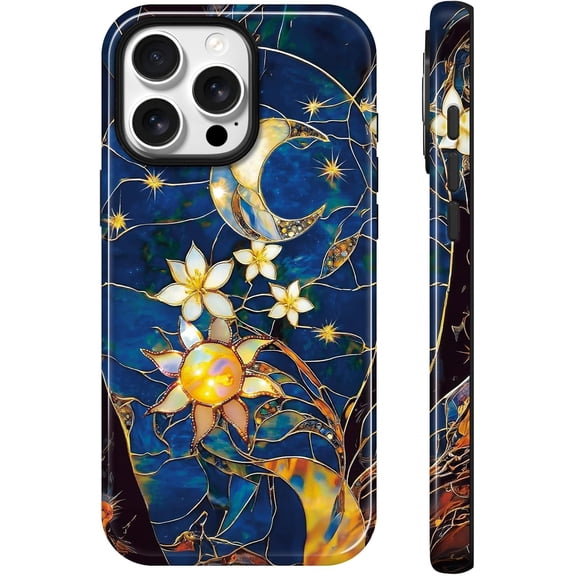 Lumen for iPhone 15 Pro Case, Compatible with Magsafe, Hard Shell Cover with Camera Protection for Women Girls - Mosaic Glass Celestial Moon Sun Gothic Navy Blue Whimsy Aesthetic Unique Festive