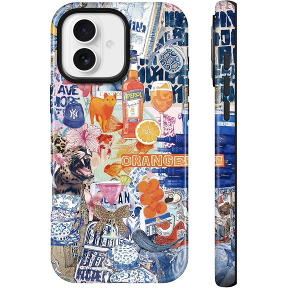 Lumen for iPhone 16 Case, Compatible with Magsafe, Hard Shell Cover with Camera Protection for Women Girls - Chinoiserie Decor Cat Leopard Coastal Collage Orange design Aesthetic Unique Festive