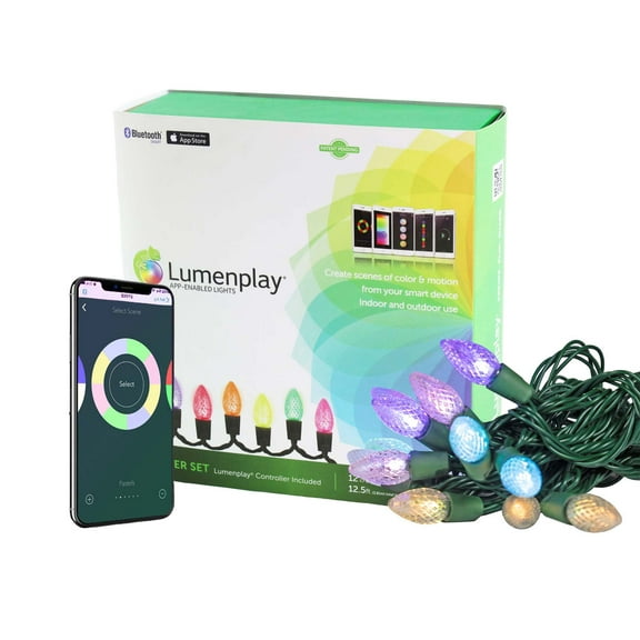 Lumenplay Starter Set, 12 RGB UL LED Lights, C7 Clear Faceted, 12', Green Wire