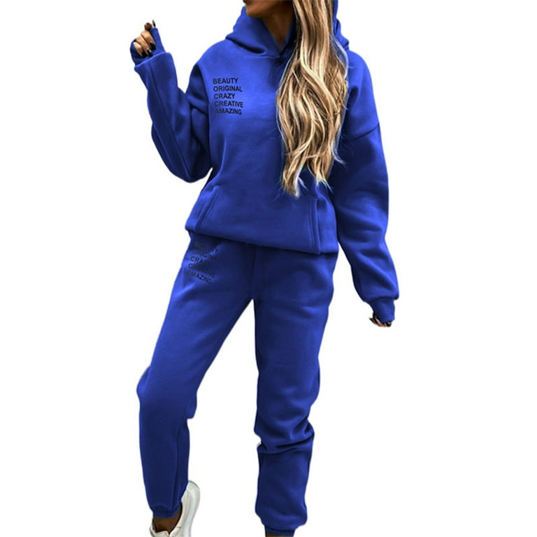 Lumento 2 Piece Sweatsuits Set for Women Winter Fleece Hoodies Tracksuit  Activewear Running Jogging Suit Colorful Blue XL